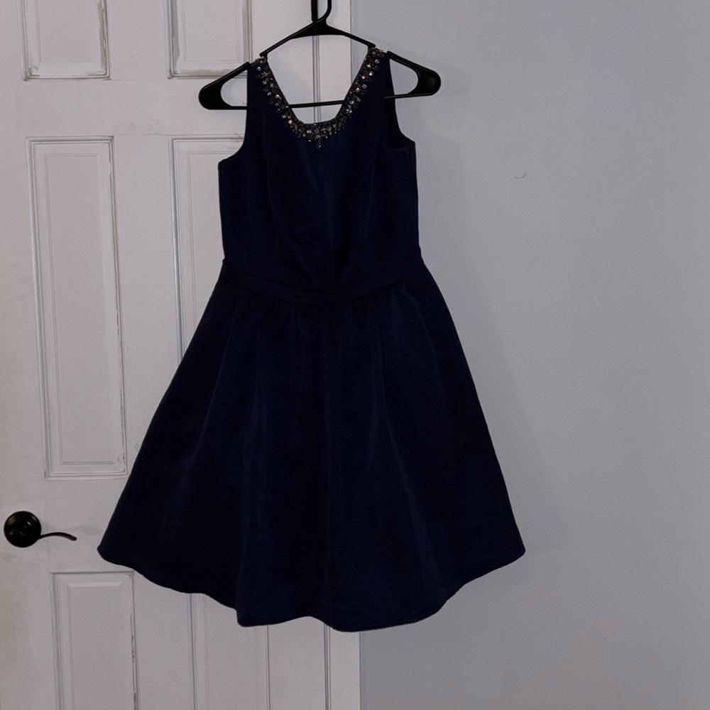 A line Navy Blue Dress With Neckline jeweled embellishment